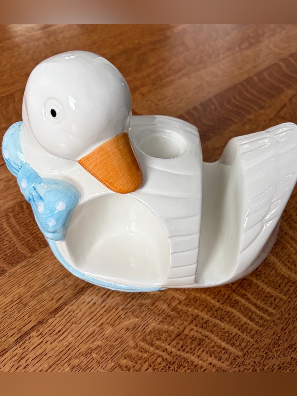 Vintage 1980s Ceramic Country Goose Napkin Holder Toothpick Caddy White Blue Bow